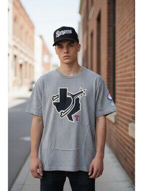 New Era Rangers Mens Gray T-Shirt & Black Cap Set Texas Logo MLB Apparel